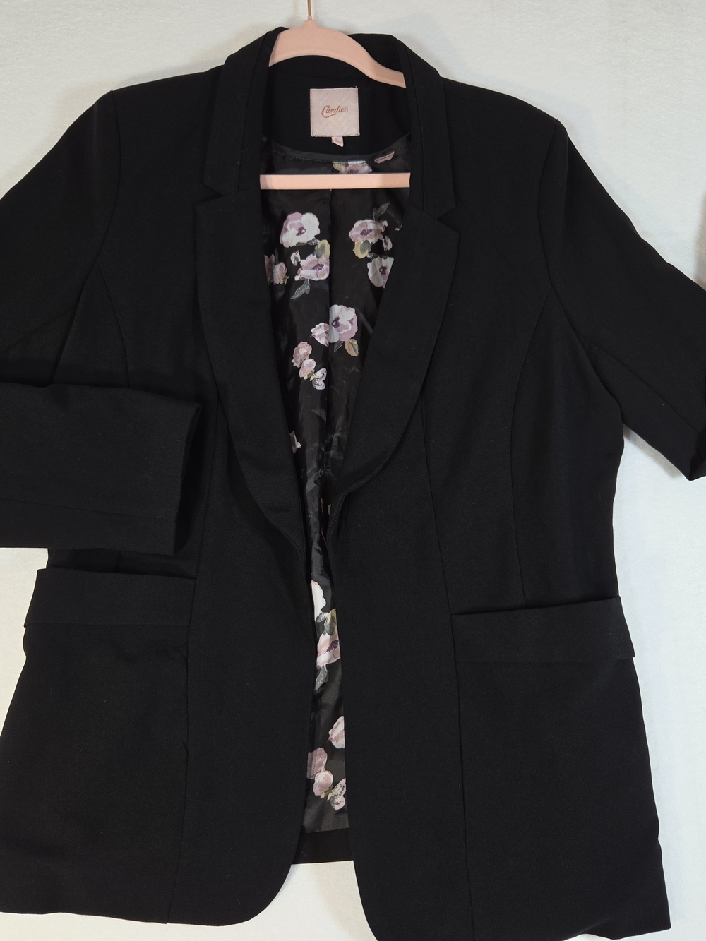 Candies Black Blazer Jacket Size Large Floral Lined Open Front Career Workwear